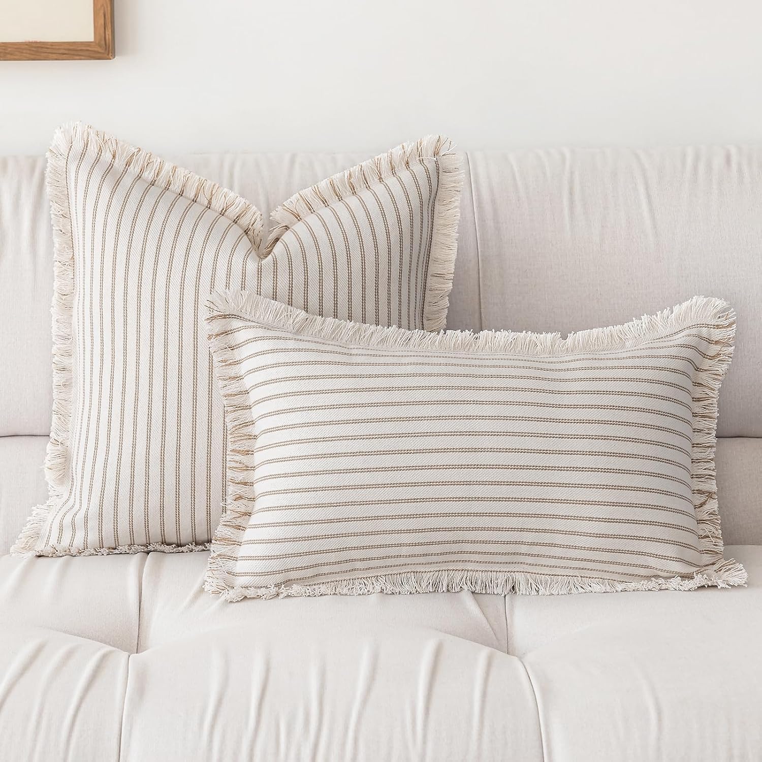 Yeenaasy Throw Pillow Covers 18X18 Set Of 2 Striped Fringe Pillow Cover Farmhouse Cushion Covers With Tassel Neutral Boho Pillows Decorative Square Pillowcase For Couch Sofa Bed, Khaki