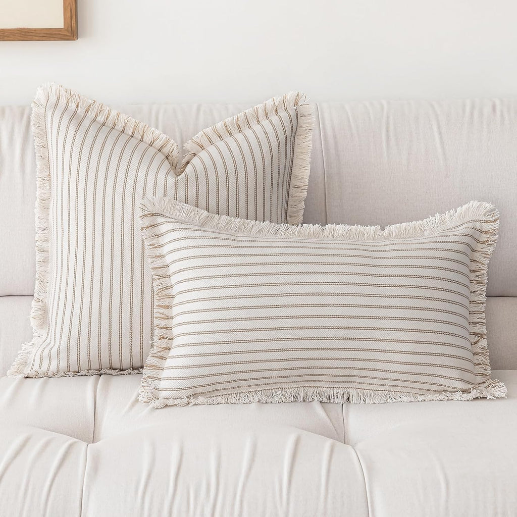 Yeenaasy Throw Pillow Covers 18X18 Set Of 2 Striped Fringe Pillow Cover Farmhouse Cushion Covers With Tassel Neutral Boho Pillows Decorative Square Pillowcase For Couch Sofa Bed, Khaki
