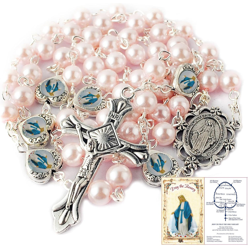 HanlinCC Glass Pearl Beads with Miraculous Epoxy Heart Metal Beads Rosary Necklace pack in Velvet Gift Bag with Rosary Pray Card