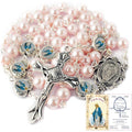 HanlinCC Glass Pearl Beads with Miraculous Epoxy Heart Metal Beads Rosary Necklace pack in Velvet Gift Bag with Rosary Pray Card