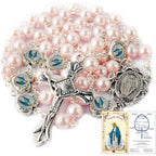 HanlinCC Glass Pearl Beads with Miraculous Epoxy Heart Metal Beads Rosary Necklace pack in Velvet Gift Bag with Rosary Pray Card