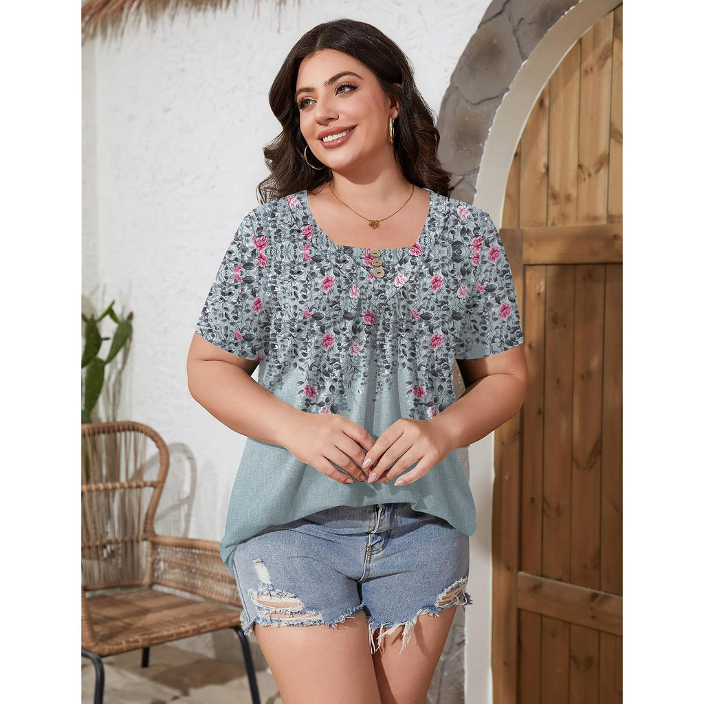 Womens Plus Size Short Sleeve Tops V Neck Button Up Shirts Printed Pleated Blouses Loose Fit Dressy Casual Tees 1X-5X