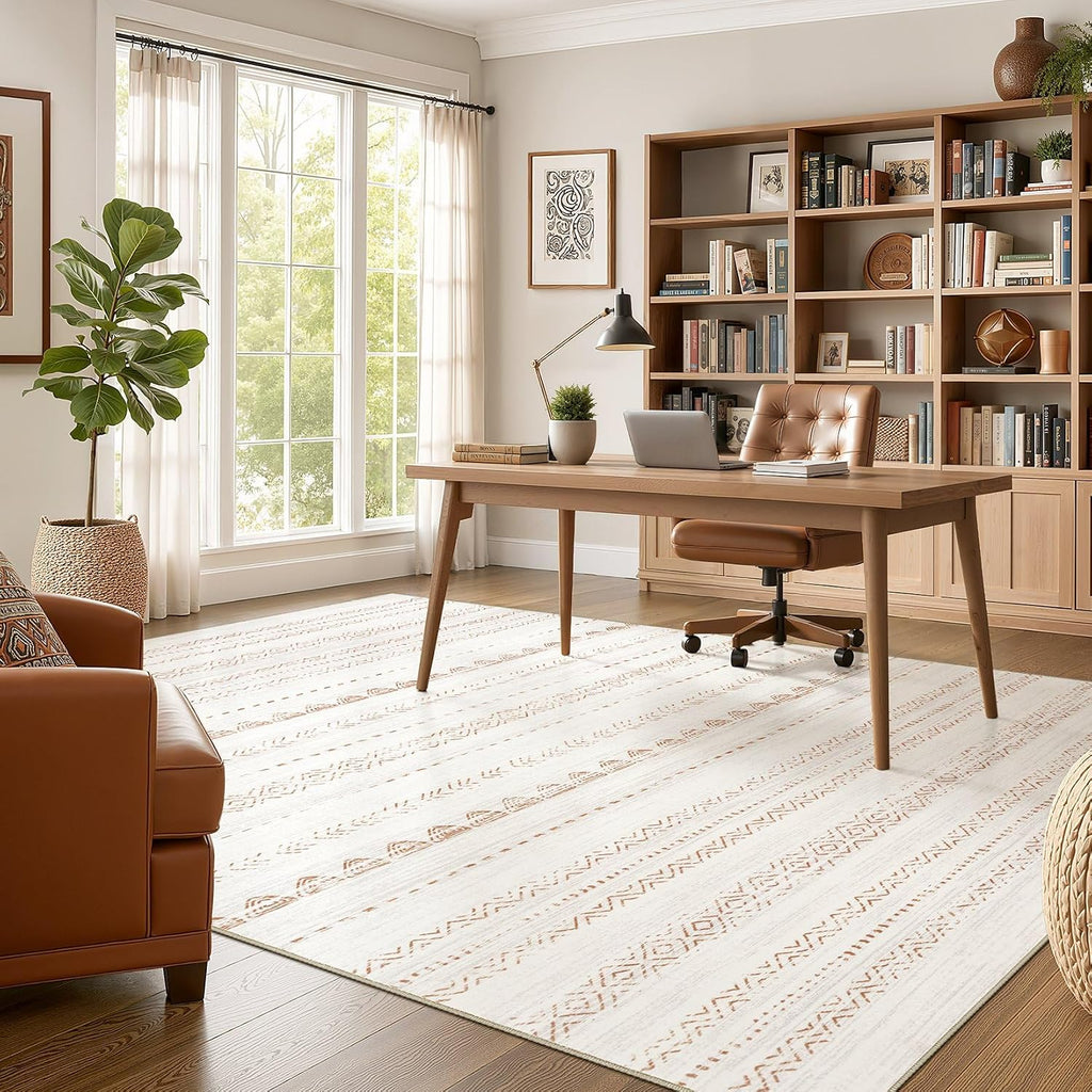 Area Rug Living Room Rugs: 5X7 Large Soft Machine Washable Boho Moroccan Farmneutral Stain Resistant Indoor Floor Carpet For Bedroom Under Dining Table Home Office Decor-Cream Brown