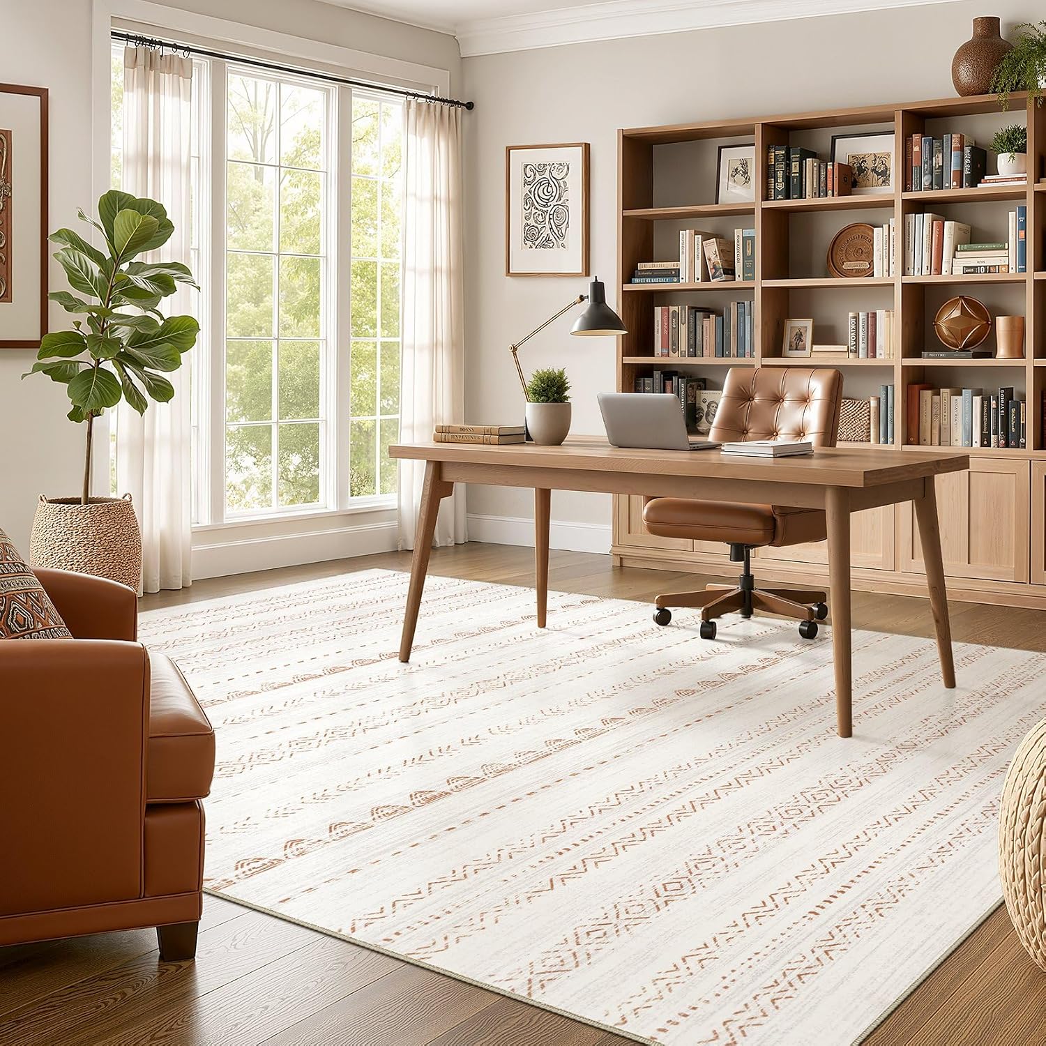 Area Rug Living Room Rugs: 5X7 Large Soft Machine Washable Boho Moroccan Farmneutral Stain Resistant Indoor Floor Carpet For Bedroom Under Dining Table Home Office Decor-Cream Brown