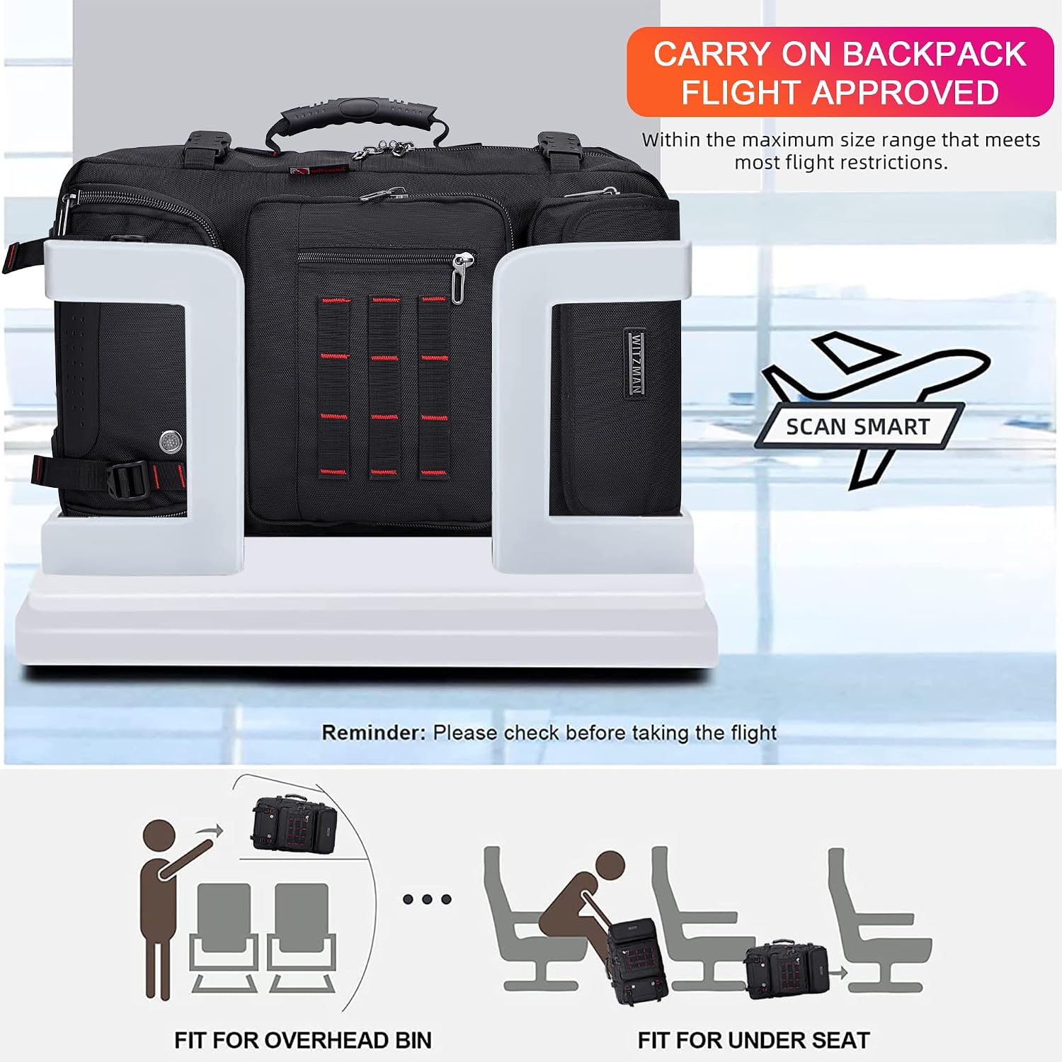 Witzman Carry On Travel Backpack For Men Airline Approved Fits 16" Laptop | Nylon 3 In 1 Luggage Duffle Bag With Usb Charging Port, Shoe Compartment, For Weekend Getaway, Overnight Trip, B682 Black)