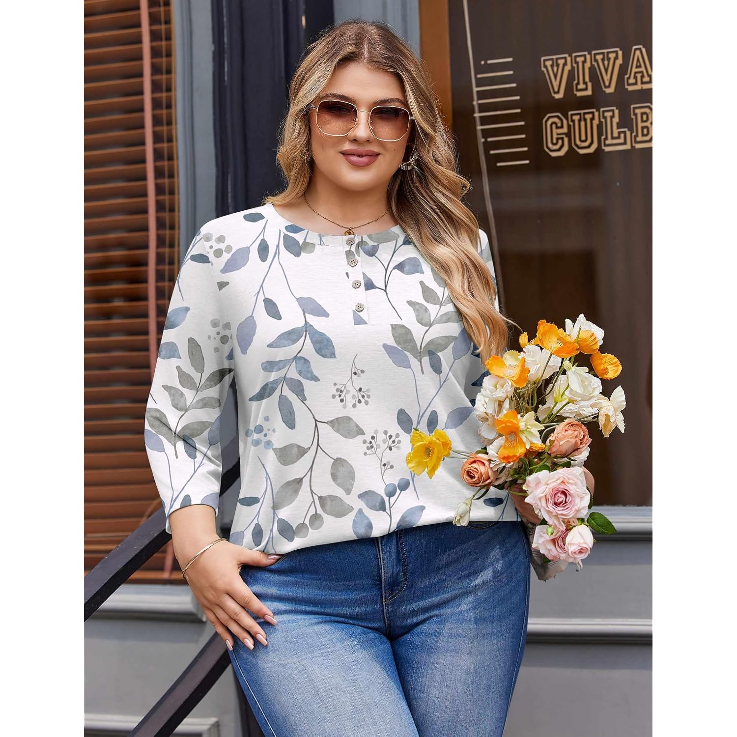 In'Voland Plus Size 3/4 Length Sleeve Women Tops Crew Neck Blouses Dressy Summer Casual Shirt Loose Fit Business Work Clothes