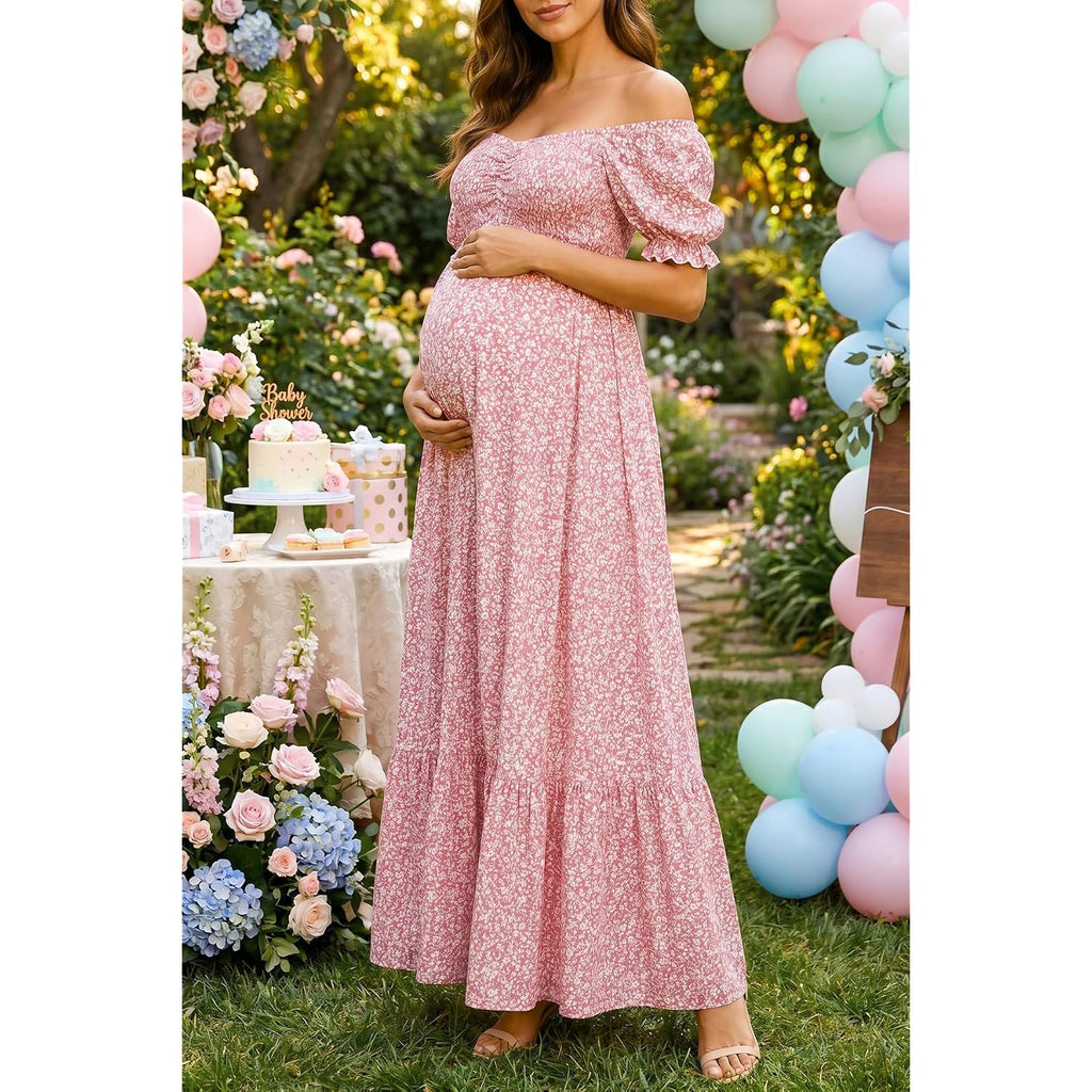 Maternity Dress Baby Shower - 2025 Photoshoot Pregnancy Summer Floral Maxi Off Shoulder Casual Dress