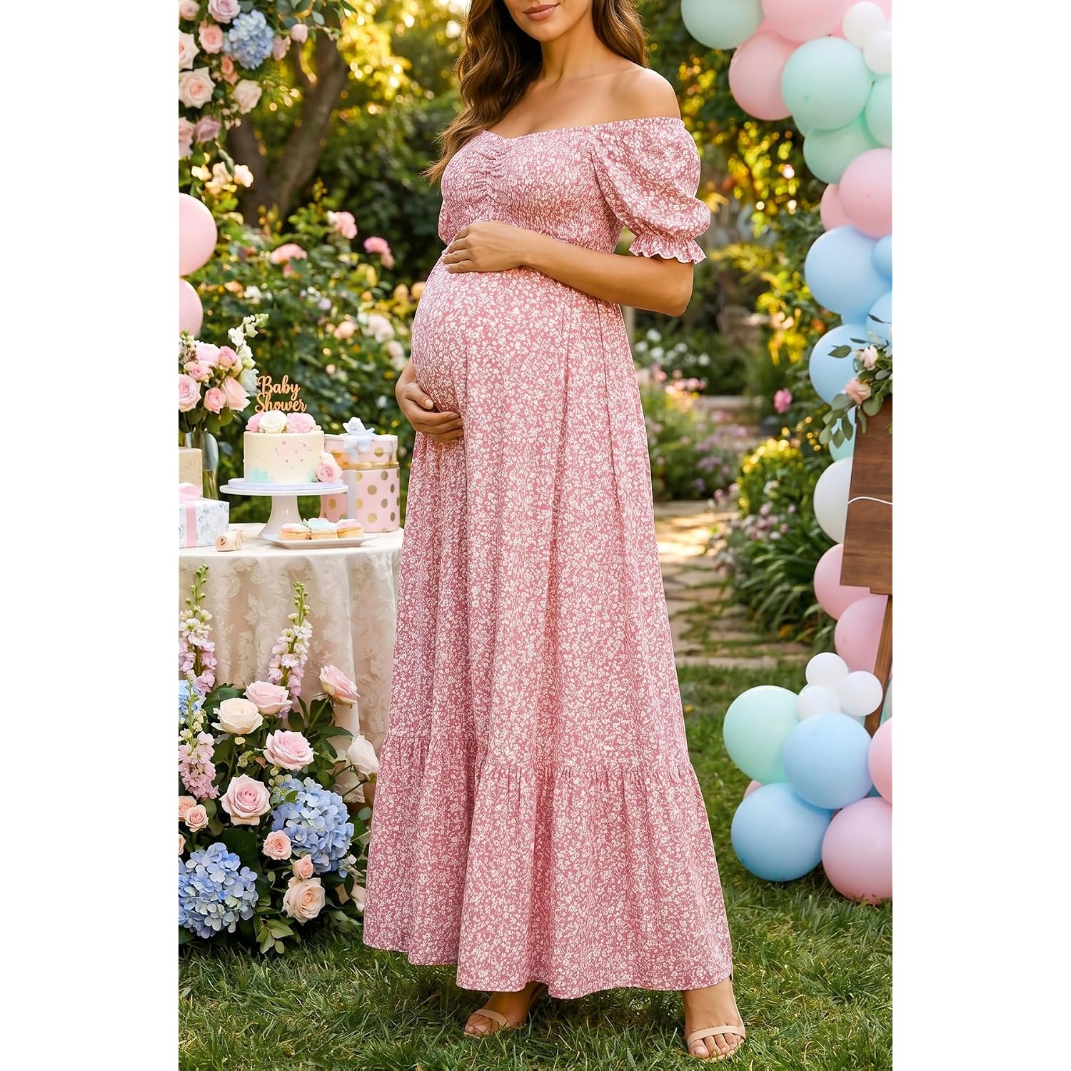 Maternity Dress Baby Shower - 2025 Photoshoot Pregnancy Summer Floral Maxi Off Shoulder Casual Dress