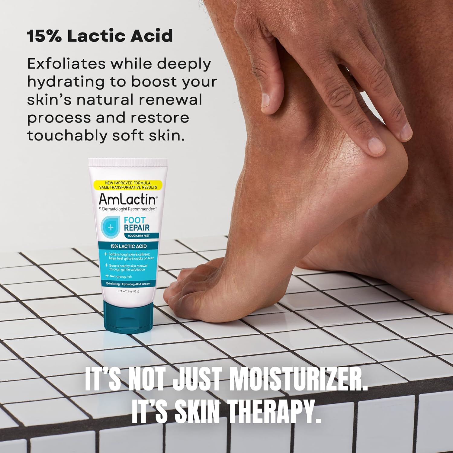 AmLactin Foot Repair Cream - Therapeutic Foot Cream for Dry Cracked Heels and Feet - Callus Softener - No-Scrub Exfoliator and Moisturizer with 15% Lactic Acid AHA - 3 oz (Packaging May Vary)