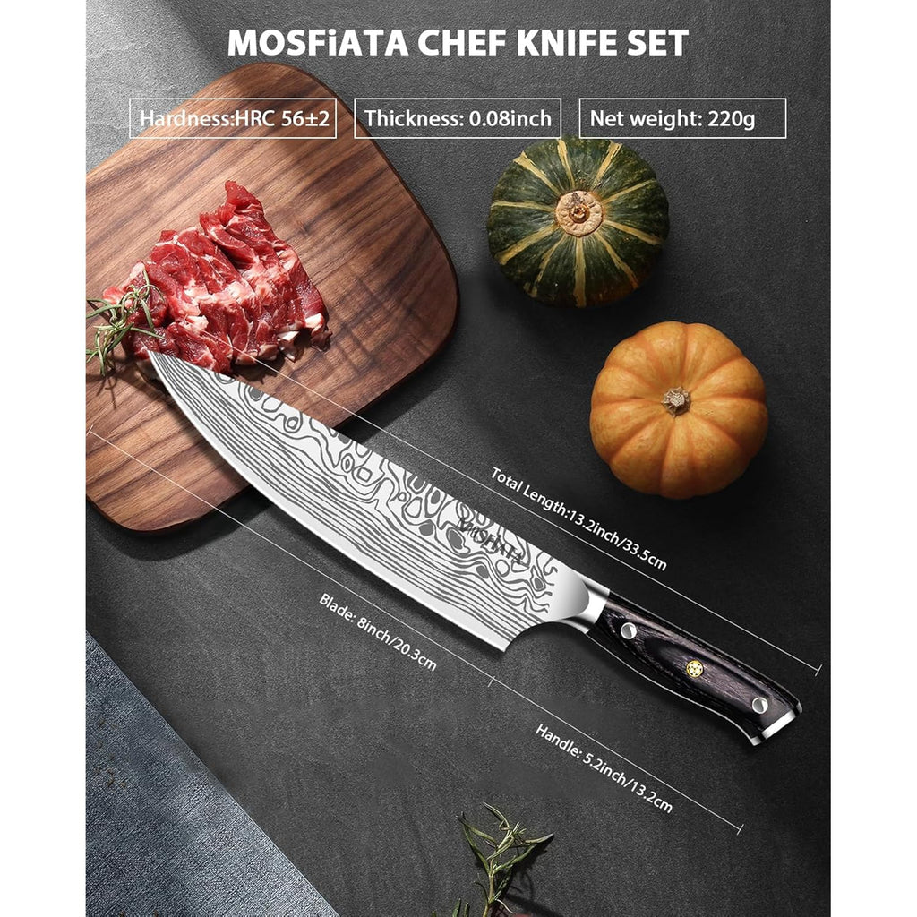 MOSFiATA 8" Super Sharp Professional Chef's Knife with Finger Guard and Knife Sharpener, German High Carbon Stainless Steel EN1.4116 with Micarta Handle and Gift Box