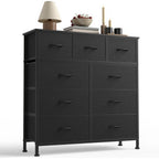 Dumos 9 Drawer Dresser For Bedroom, Fabric Storage Organizer With Sturdy Metal Frame, Wooden Top Chest Of Drawers For Closet Entryway Guest Room,Matte Black