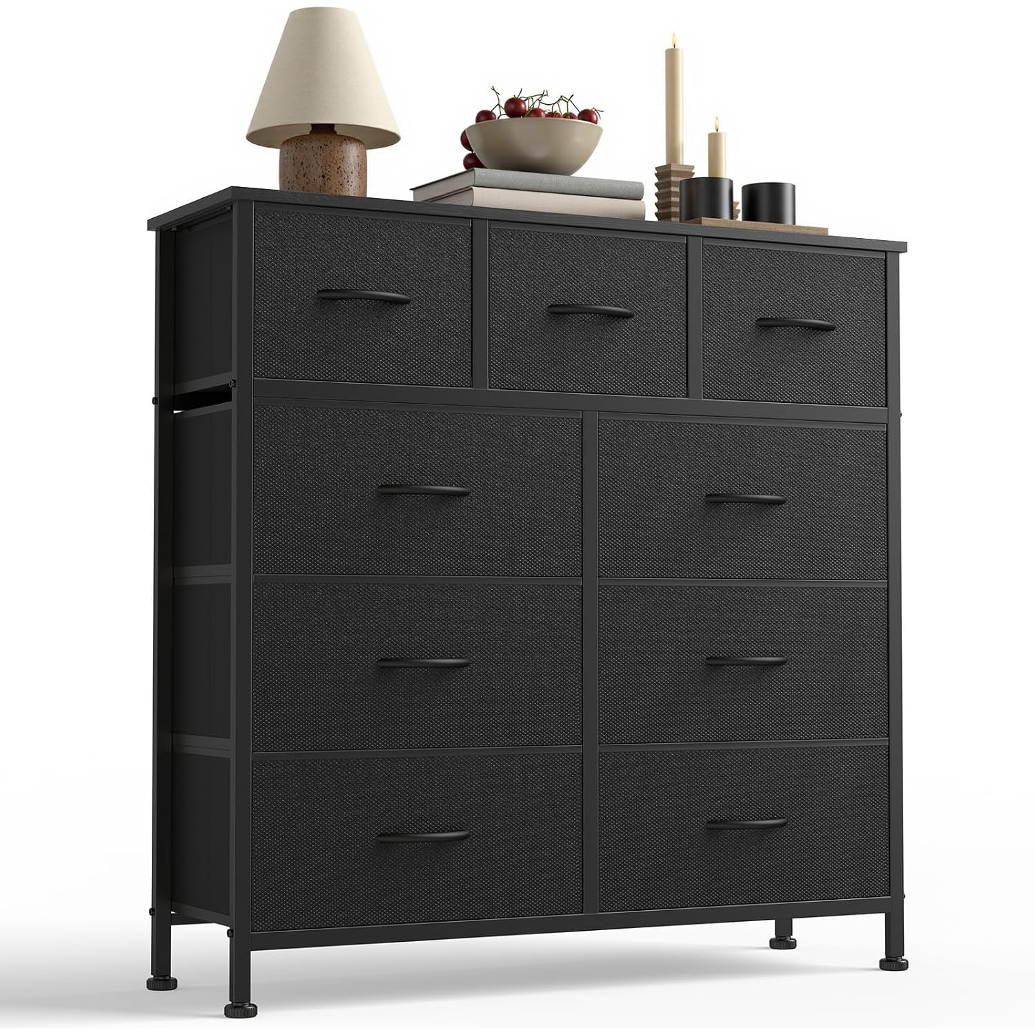 Dumos 9 Drawer Dresser For Bedroom, Fabric Storage Organizer With Sturdy Metal Frame, Wooden Top Chest Of Drawers For Closet Entryway Guest Room,Matte Black