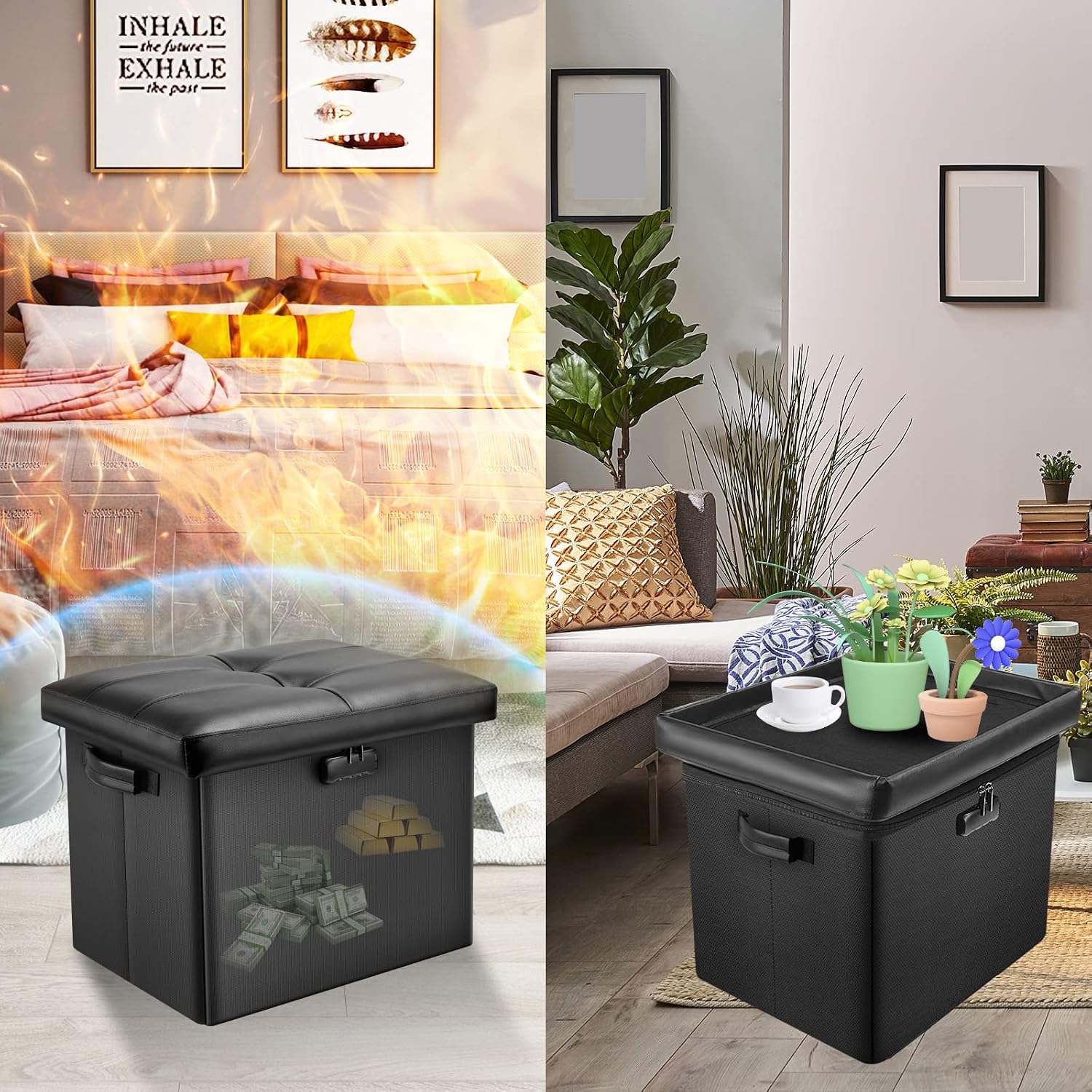 Docsafe Storage Ottoman With Lock,Fireproof Folding Ottoman Foot Rest Stool Storage Chest With Storage Safe For Important Documents,Waterproof 17 Inches Short Ottoman Foot Stool With Handles,Black