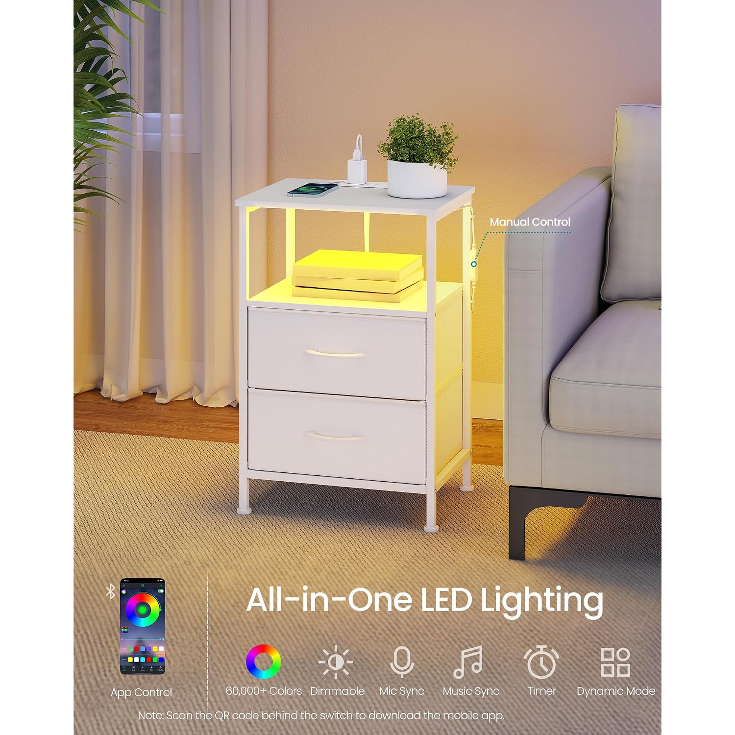Songmics Bellah Collection - Nightstand With Charging Station And App-Controlled Adjustable Led Lights, Bed Side Table, 2 Drawers And 1 Open Shelf, Modern, Cloud White And Snow White Ulgs302Wh01S