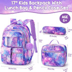 Fimibuke Kids Backpack For School Girls, Waterproof Backpack W/Lunch Box | 3Pcs Lightweight Kids Galaxy Bookbag W/ Lunch Box Combo Set, Cute Backpack For Girls Ages 6+ Elementary Middle School Teens