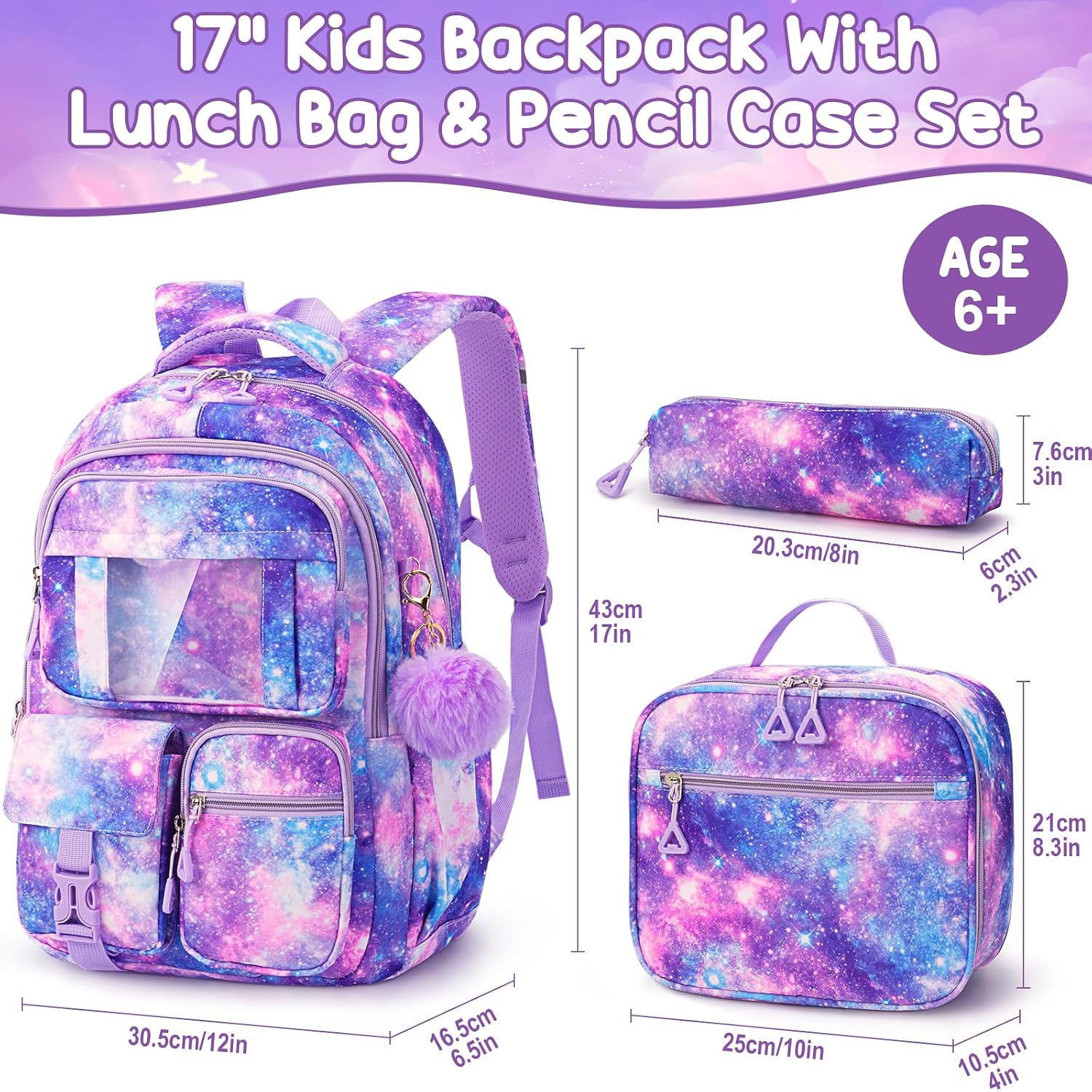 Fimibuke Kids Backpack For School Girls, Waterproof Backpack W/Lunch Box | 3Pcs Lightweight Kids Galaxy Bookbag W/ Lunch Box Combo Set, Cute Backpack For Girls Ages 6+ Elementary Middle School Teens