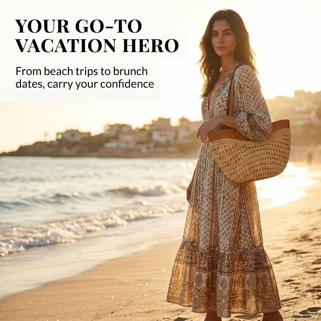 Straw Beach Bags For Women, Boho Summer Purse Tote With Pu Shoulder Strap