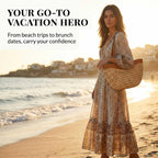 Straw Beach Bags For Women, Boho Summer Purse Tote With Pu Shoulder Strap