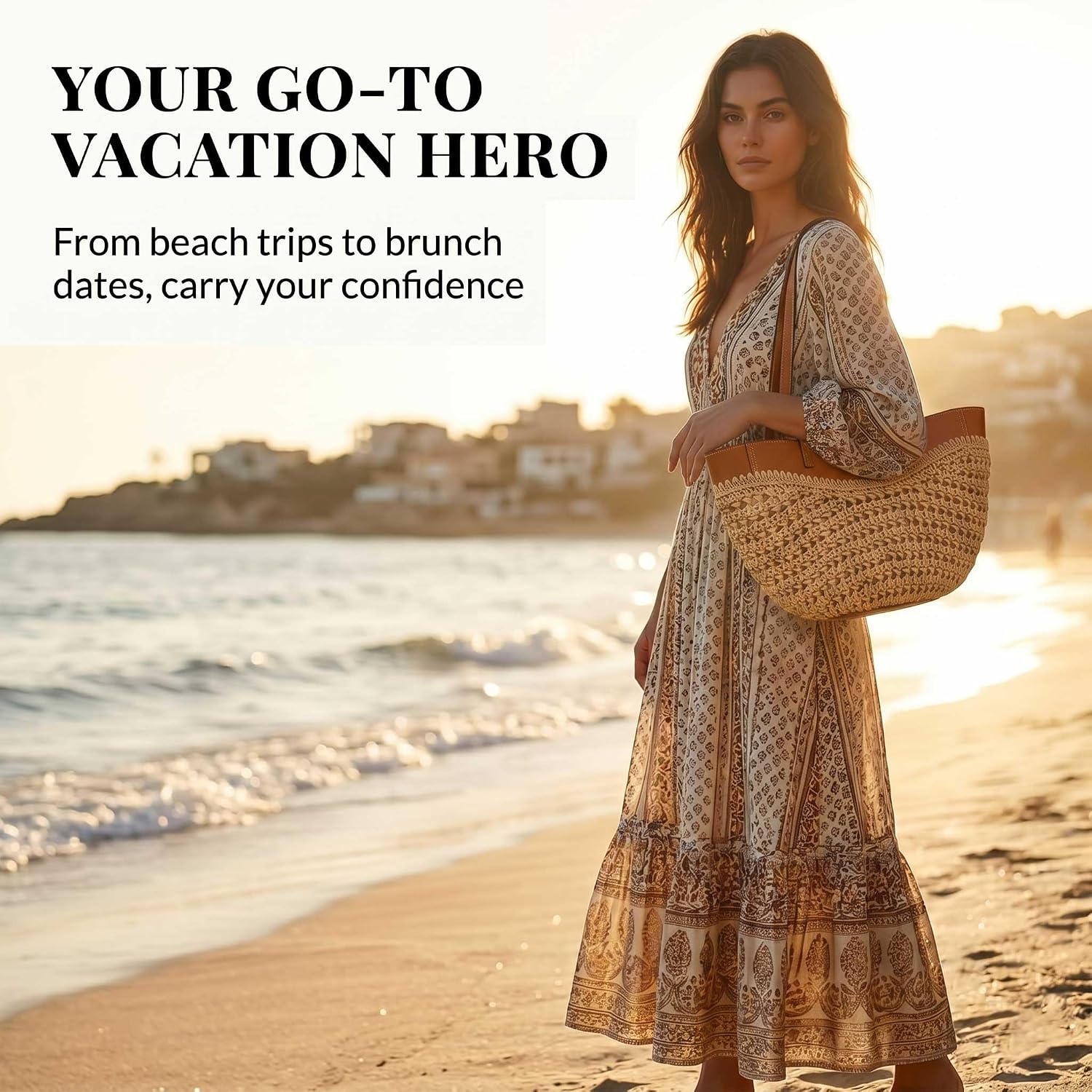 Straw Beach Bags For Women, Boho Summer Purse Tote With Pu Shoulder Strap