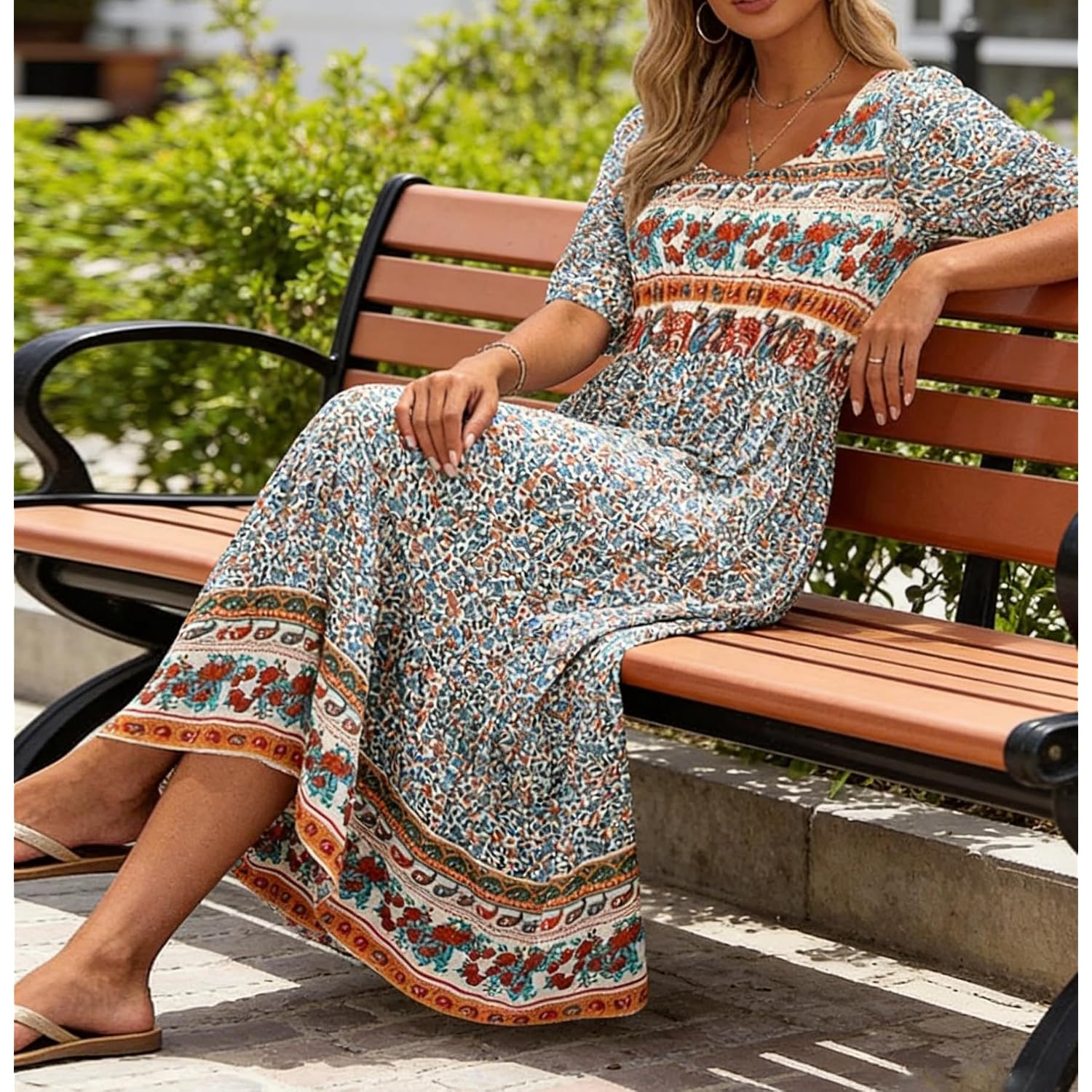 Kubsid Womens Boho Dress Summer Casual 2026 Short Sleeve Loose Fit Floral Maxi Dress Flowy Beach Vintage Sundress