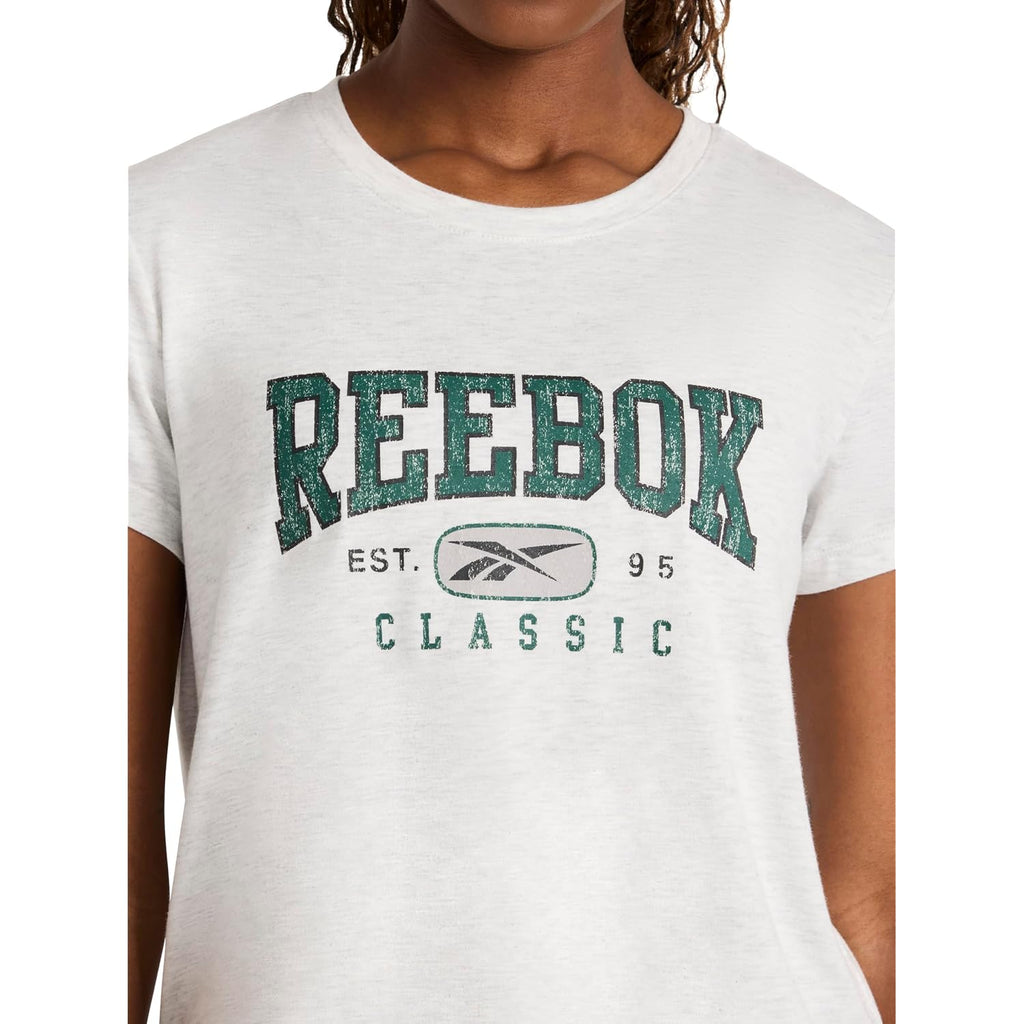 Reebok Women's Classic Athletic Graphic Crewneck Cropped T-Shirt Egret Heather/Pineneedle