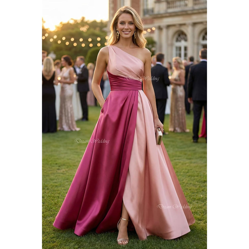 Dream Wedding Women Patchwork Satin Prom Dresses With Pockets One Shoulder Long Ball Gowns A-Line Formal Evening Dr0922A