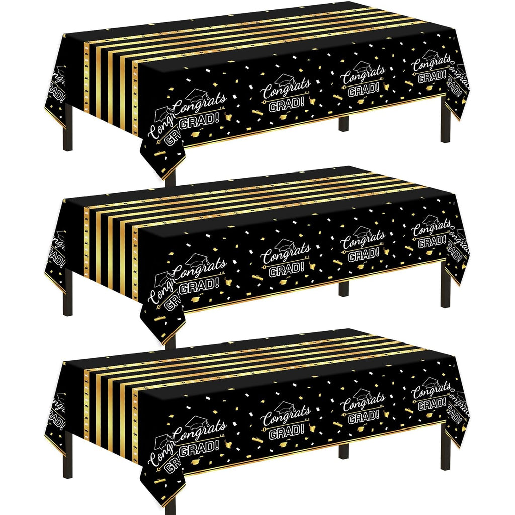 Childom 3 Pack Graduation Tablecloth,Graduation Decorations Class of 2026 Graduation Party Decorations,54"x108" Black and Gold Plastic Table Cloth Disposable Rectangle for Home,School,Party Supplies