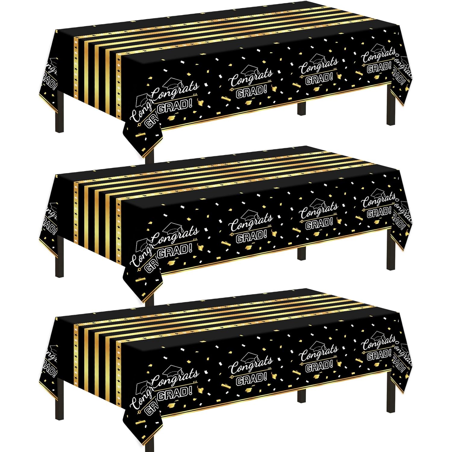 Childom 3 Pack Graduation Tablecloth,Graduation Decorations Class of 2026 Graduation Party Decorations,54"x108" Black and Gold Plastic Table Cloth Disposable Rectangle for Home,School,Party Supplies