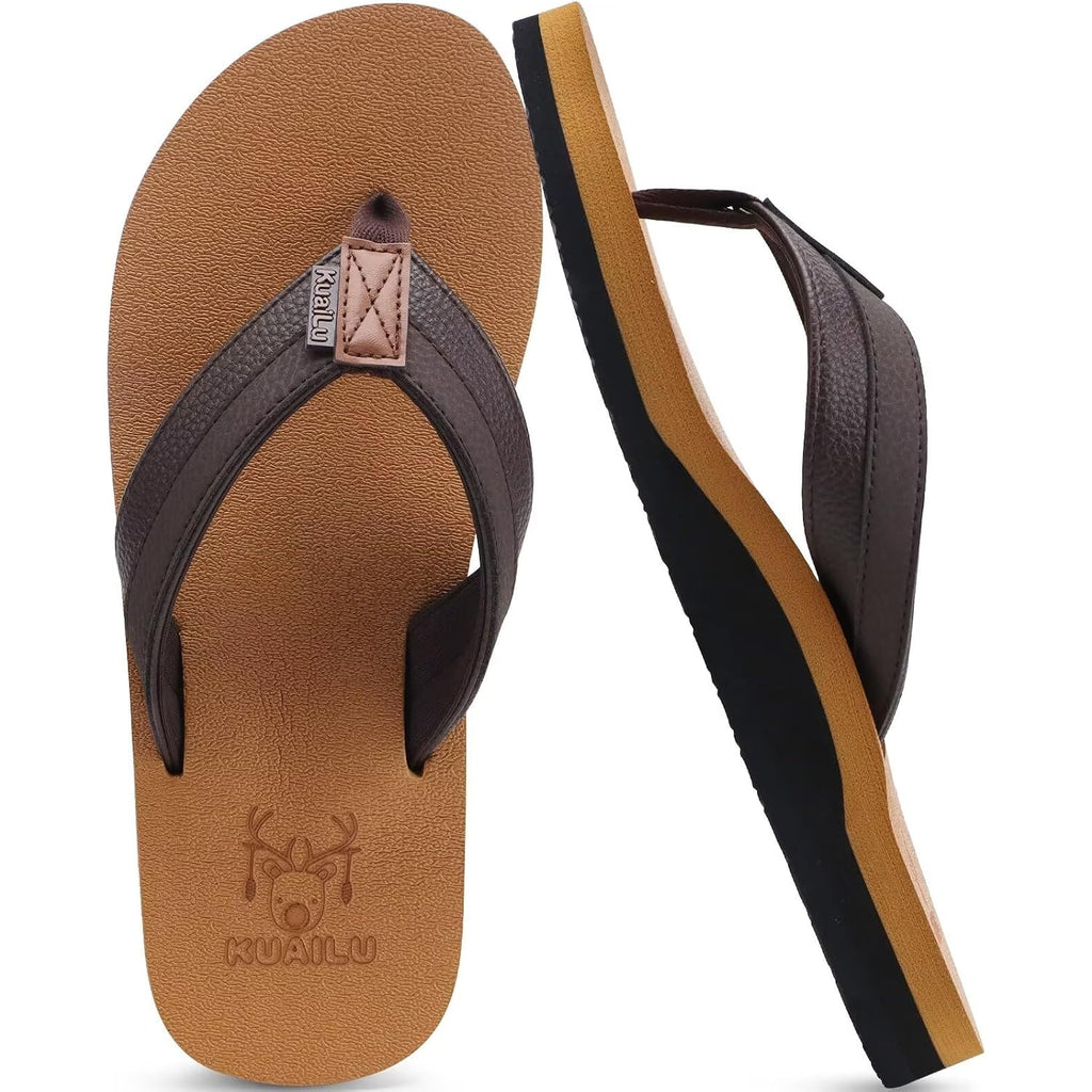 Kuailu Men'S Yoga Mat Leather Flip Flops With Arch Support Comfortable Cushion Walking Thong Sandals Slip On Indoor Outdoor