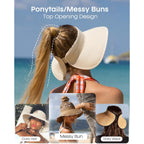 FURTALK Sun Hats for Women Wide Brim Beach Hat Straw Visor Ponytail Summer UV Packable Foldable Beach Vacation Essentials Khaki