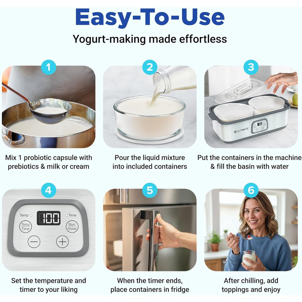 Ultimate Probiotic Yogurt Maker with Adjustable Time & Temperature Control, Make Trillions of Probiotics for Better Gut Health, Two 1-Quart Containers for Larger Batches, ULTIMATE LIFETIME WARRANTY