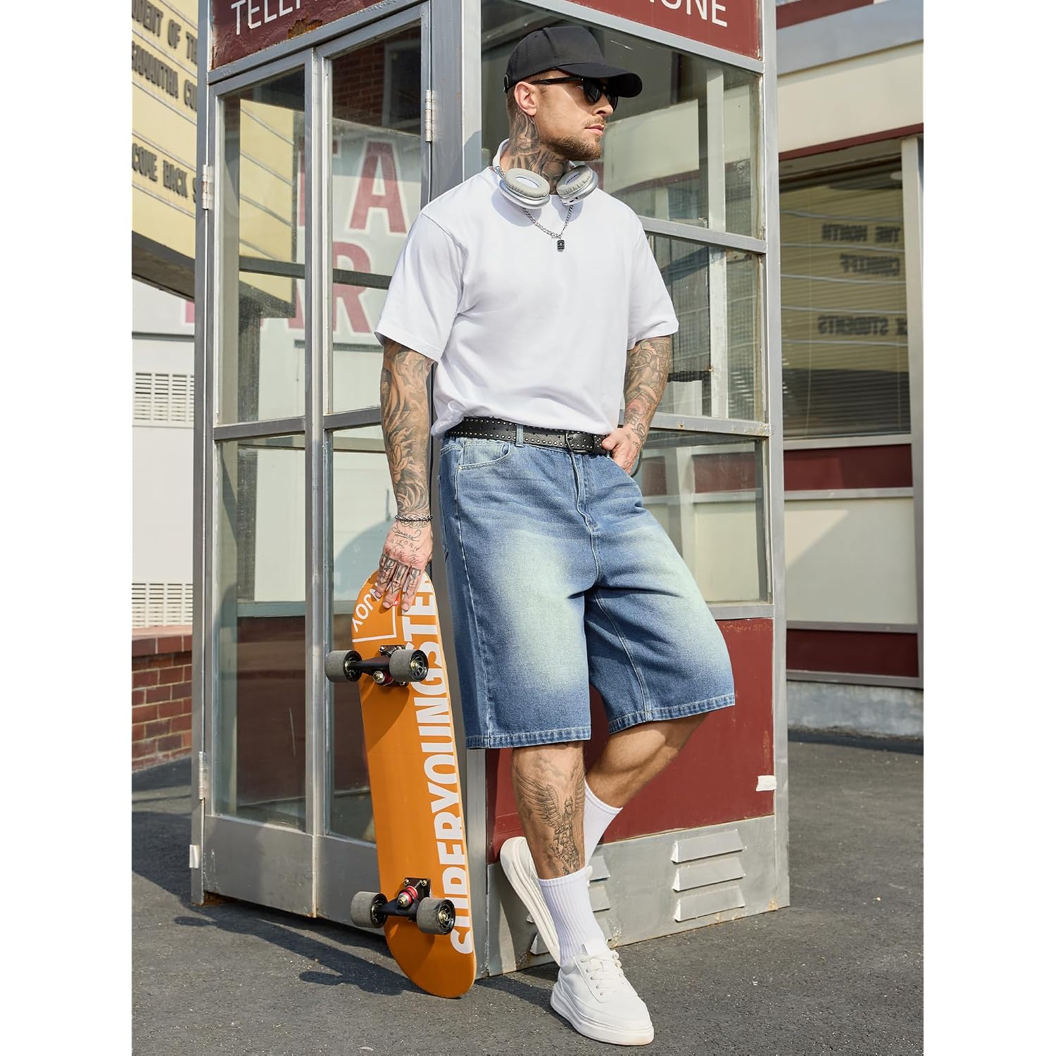Plepan Mens Super Baggy Jean Shorts 12" Vintage Loose Fit Wide Leg Long Jorts Y2K Streetwear Below Knee Denim Shorts