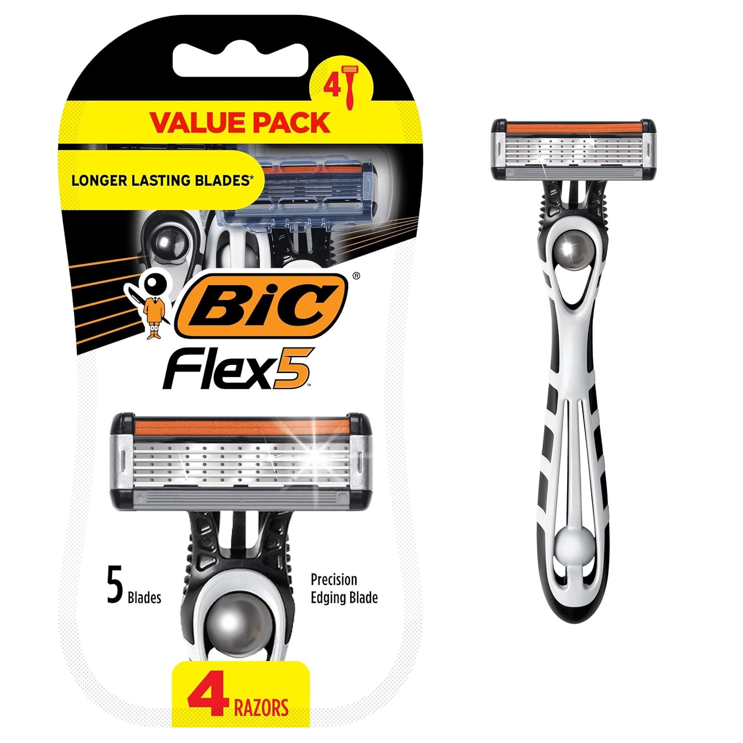 BIC Flex 5 Men's Disposable 5-Blade Razors, Pivoting Head and Precision Edging Blade, 4-Pack