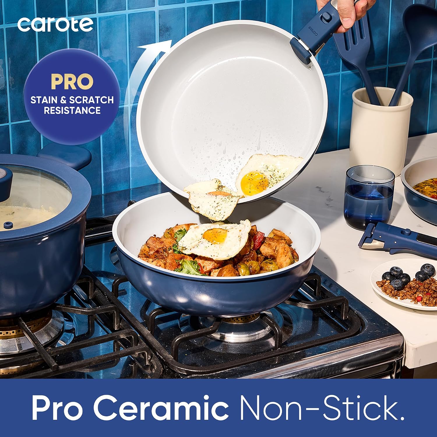 Carote 27Pcs Ceramic Cookware Set Nonstick, Pots And Pans Set Non Stick, Non Toxic Cookware Detachable Handles, Dishwasher/Oven Safe, Rv/Camping Cookware With Kitchen Utensils, Blue