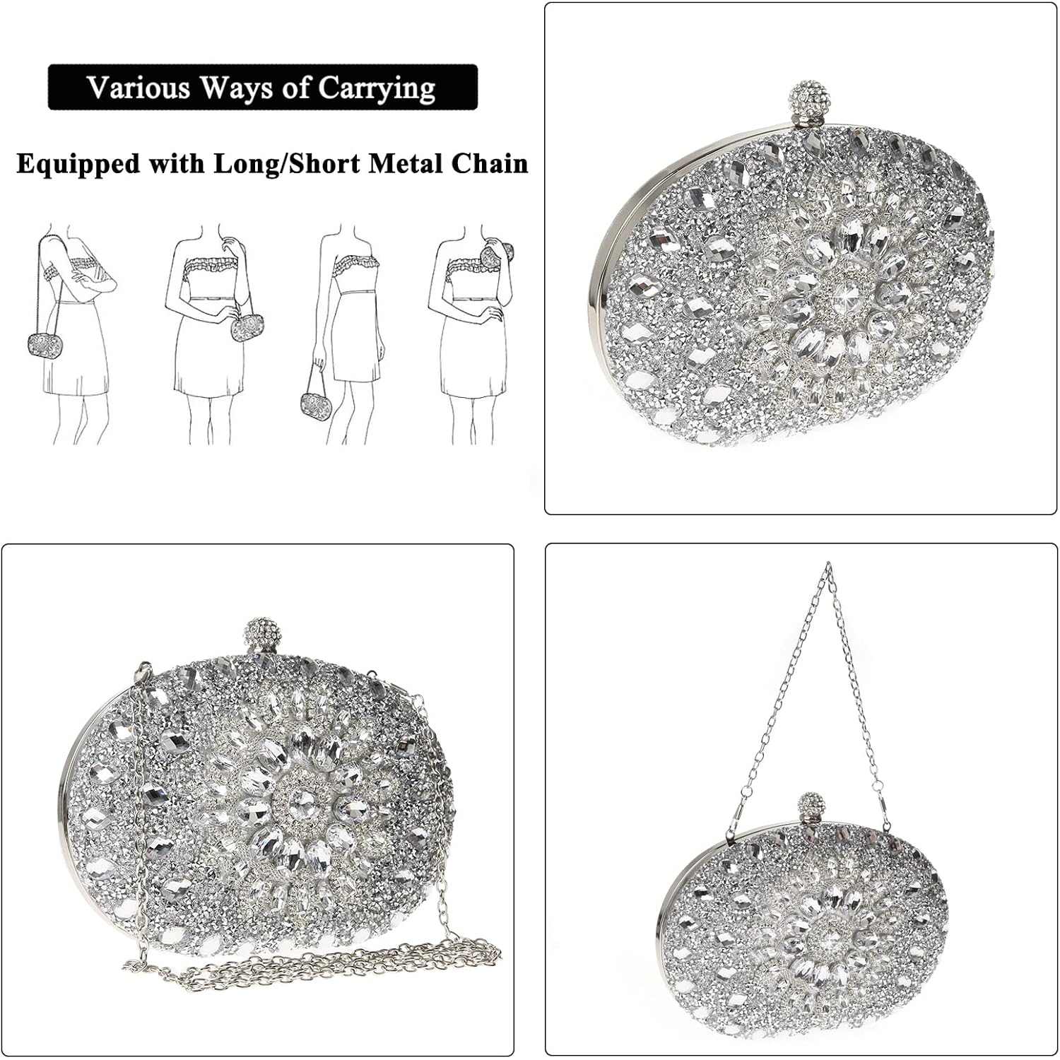 Womens Sparkly Rhinestone Glitter Clutch Purse Evening Handbag Shoulder Bag for Wedding Party Prom