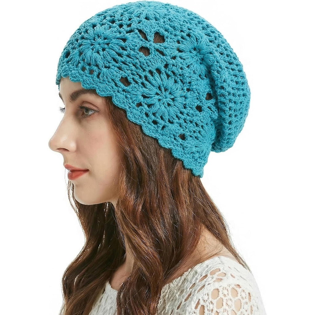 ZLYC Women Cotton Crochet Slouchy Beanie Hat Handmade Knit Summer Skull Cap Solid Peacock Blue