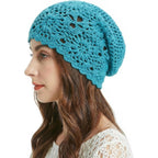 ZLYC Women Cotton Crochet Slouchy Beanie Hat Handmade Knit Summer Skull Cap Solid Peacock Blue