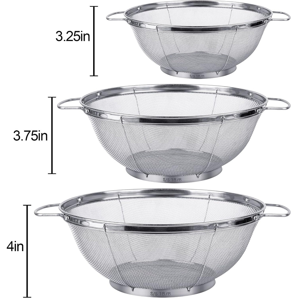 3 Pack 18/8 Stainless Steel Colander Sieves(5-Quart, 4-Quart And 3-Quart), Mesh Strainer Net Baskets With Handles & Resting Base For Strain, Drain, Rinse Or Steam