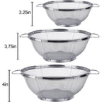3 Pack 18/8 Stainless Steel Colander Sieves(5-Quart, 4-Quart And 3-Quart), Mesh Strainer Net Baskets With Handles & Resting Base For Strain, Drain, Rinse Or Steam