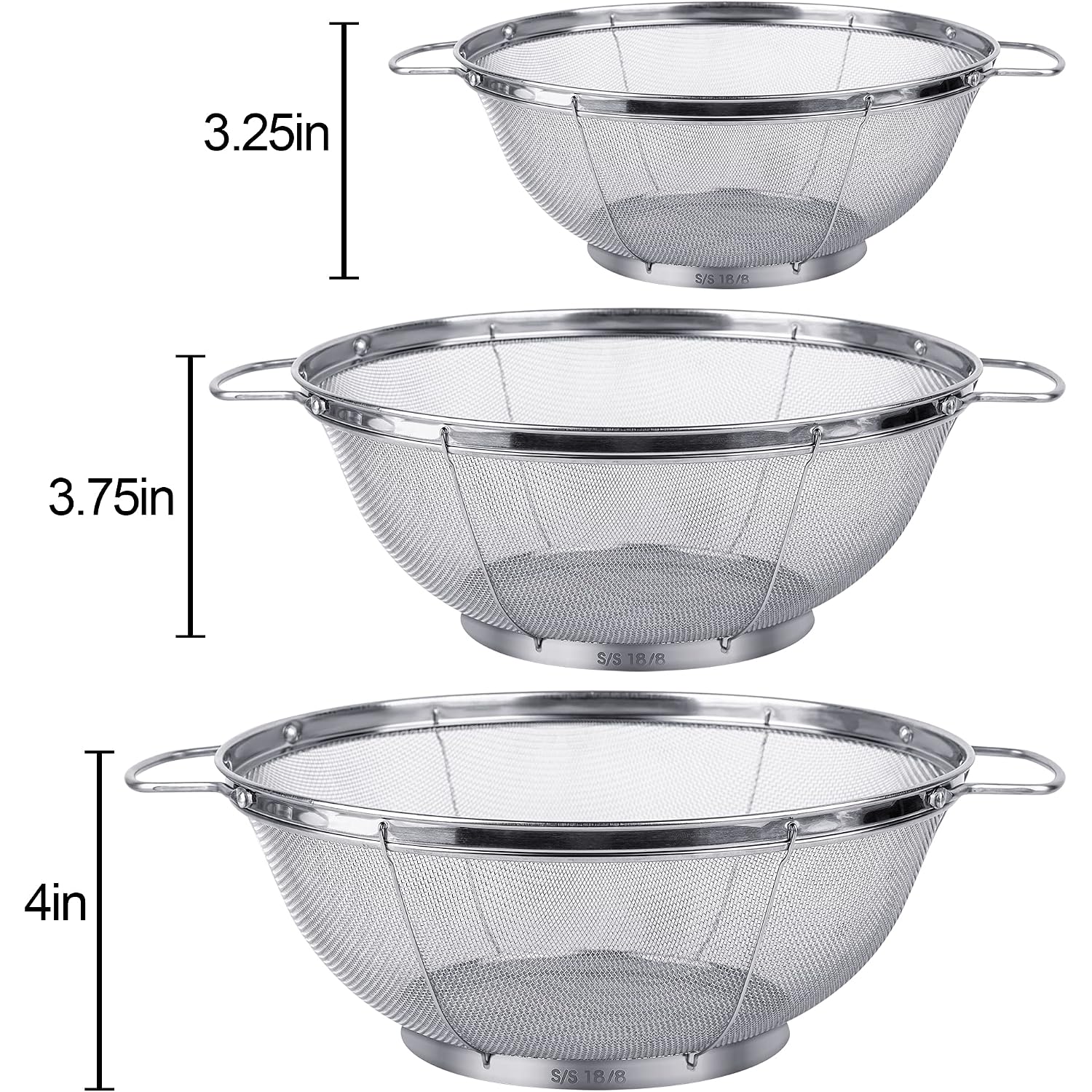 3 Pack 18/8 Stainless Steel Colander Sieves(5-Quart, 4-Quart And 3-Quart), Mesh Strainer Net Baskets With Handles & Resting Base For Strain, Drain, Rinse Or Steam