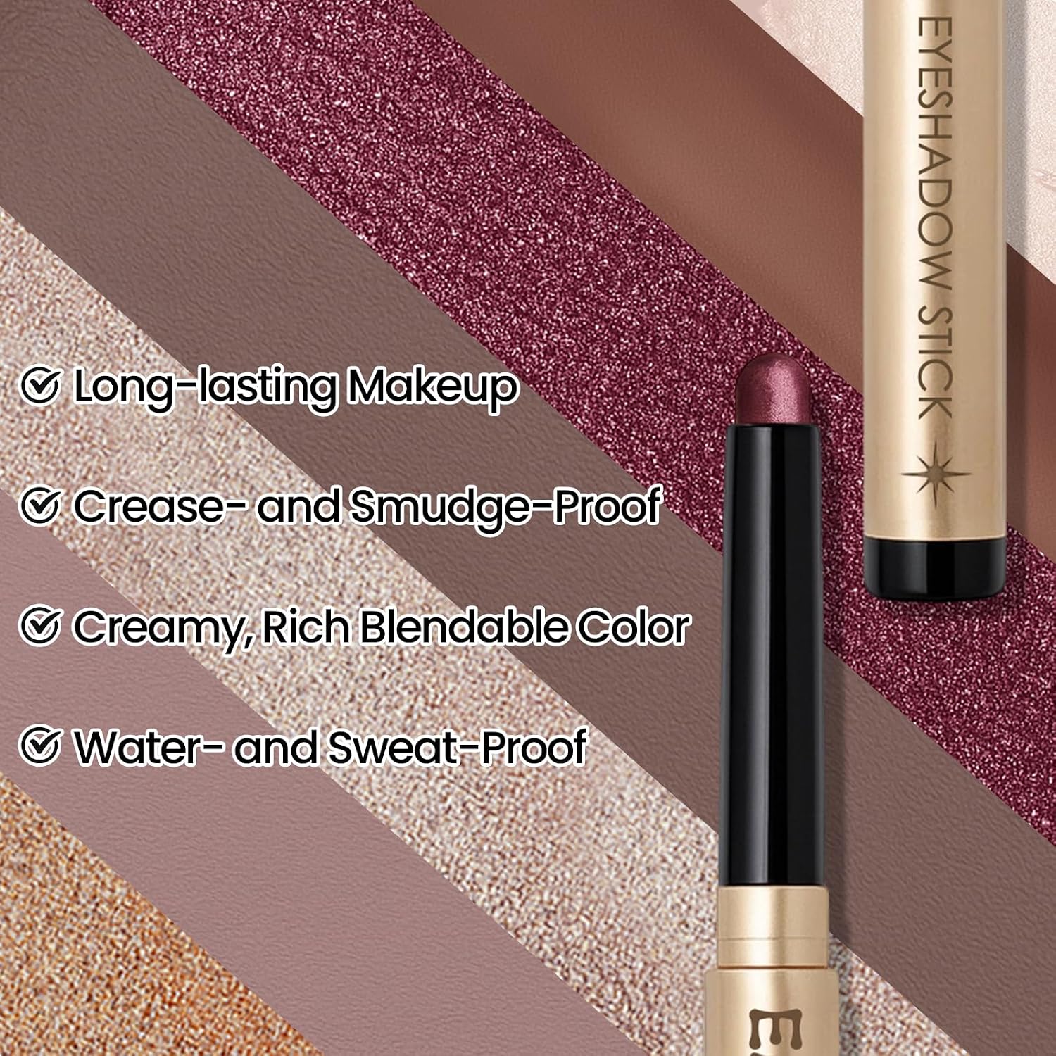 Erinde Waterproof Shimmer Eyeshadow Stick, Plum Brown Mauve Cream Eye Shadow Stick, Long-Lasting Crease-Proof Cream To Powder Buildable & Blendable Eye Shadow Pencils Crayon, Vegan & Cruelty-Free, B06