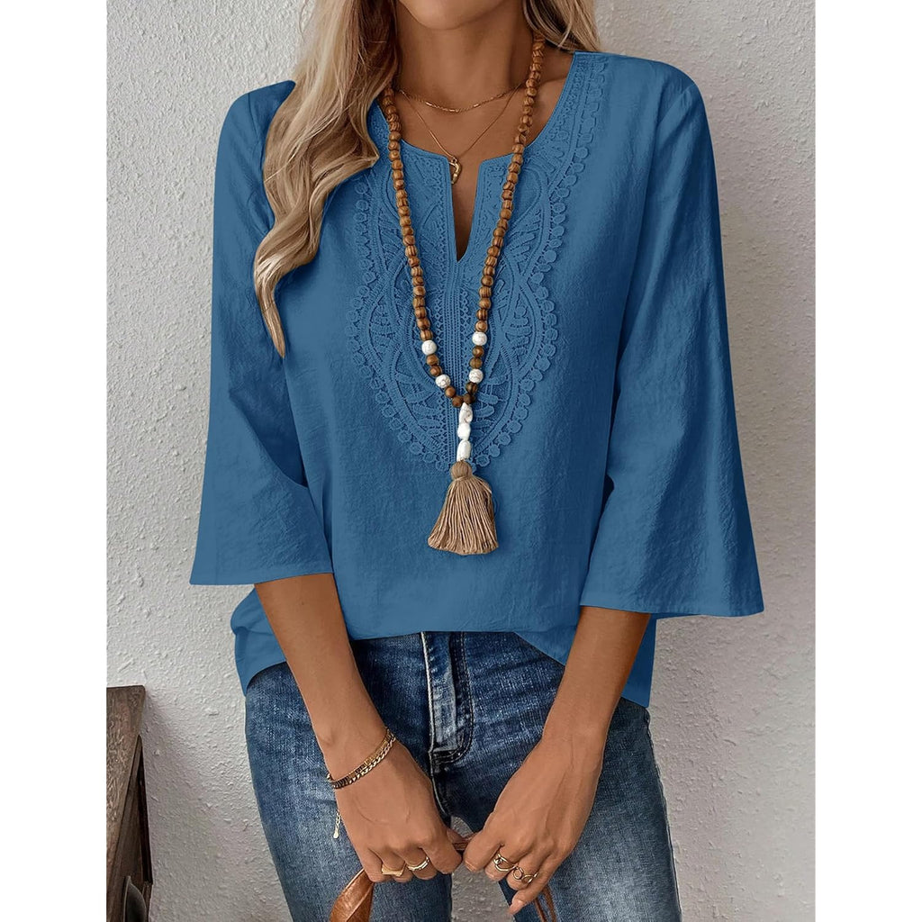 Womens 3/4 Sleeve Tops Cotton Linen Shirts V Neck Lace Casual Loose Fit Blouses Boho Fashion