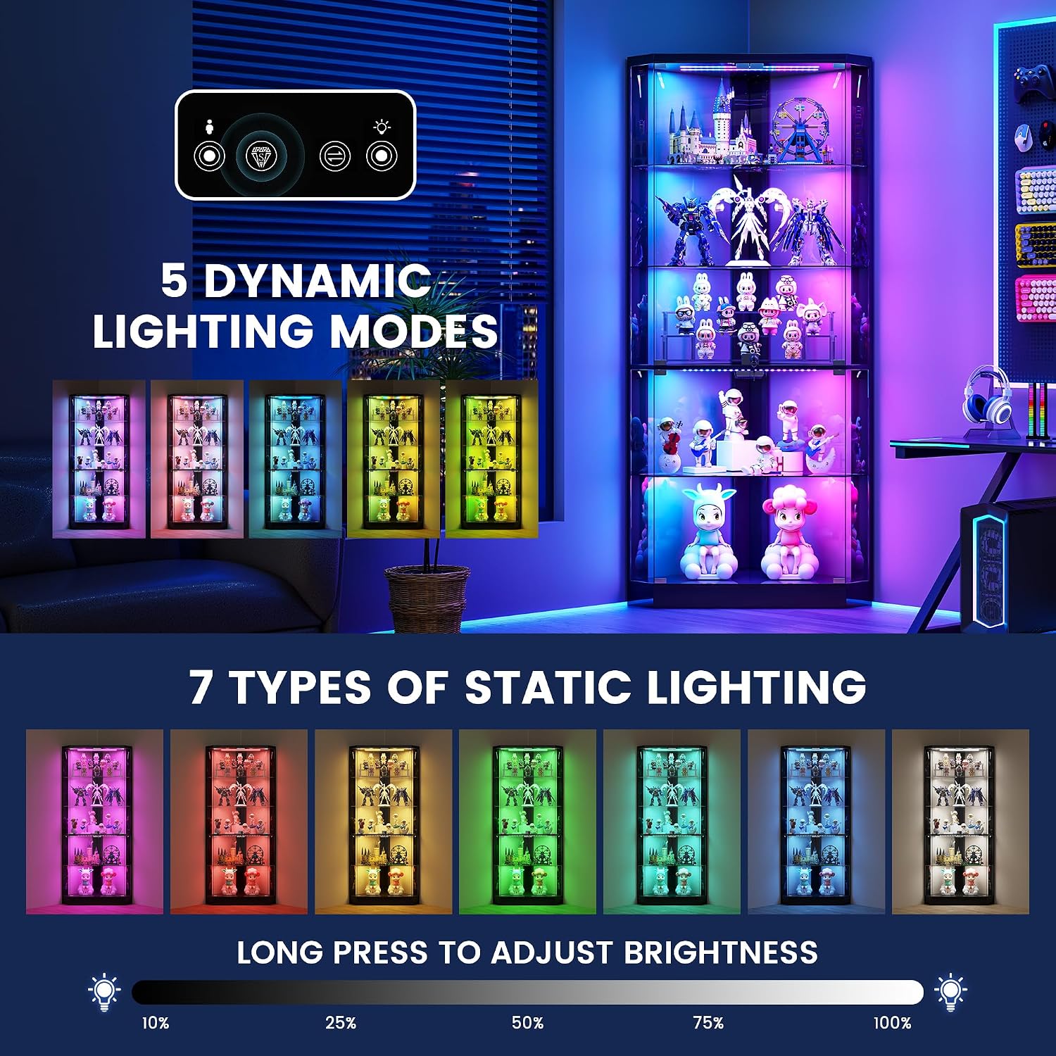 5-Tiers Corner Display Cabinet With Rgb Lights For Collectibles, Black | 69" Tall Curio Cabinet Display Case With Lock, Showcase Display Shelf For Books,Collectibles,Liquor,Living Room,E-Sports Room