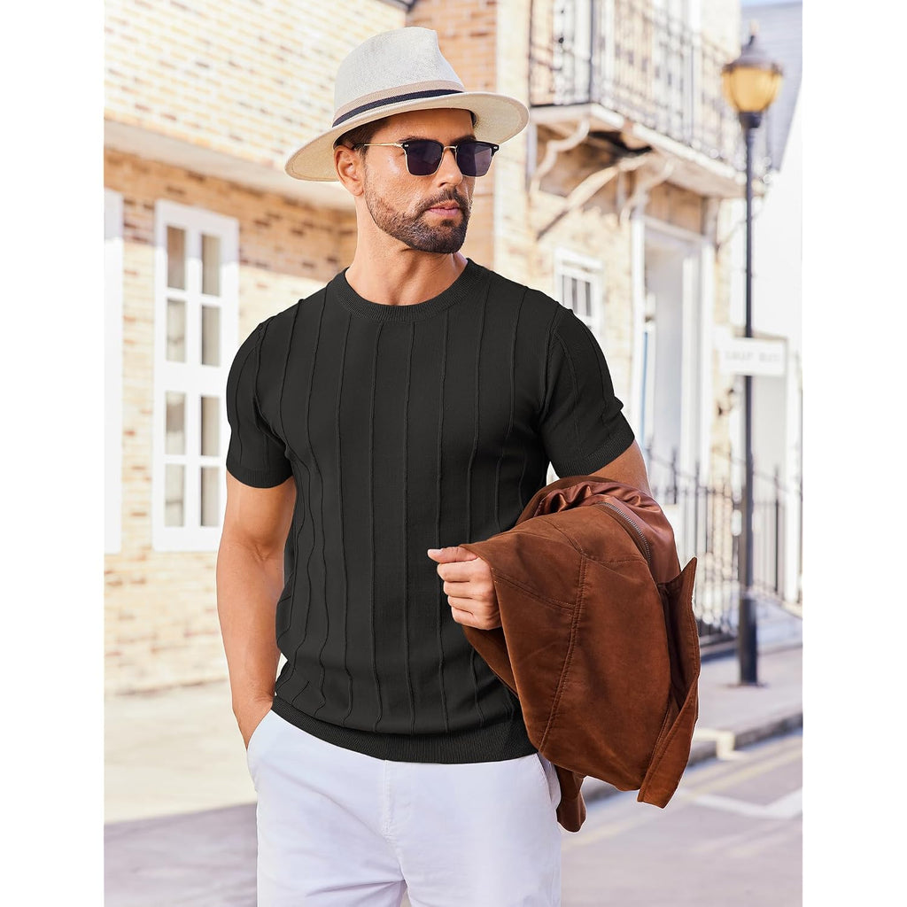Coofandy Men'S T- Shirts Short Sleeve Knit Sweater Shirt Casual Crewneck Ribbed Pullover Tees