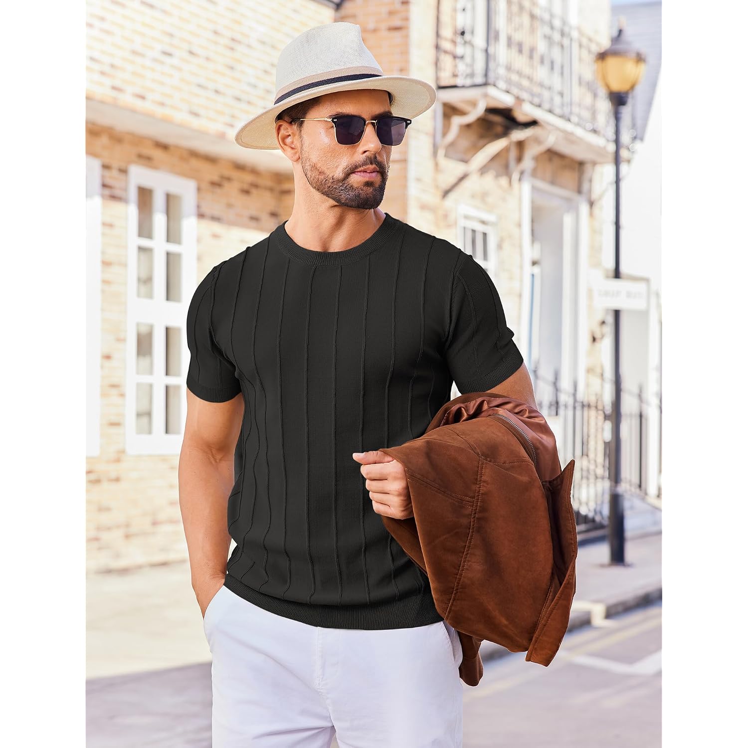 Coofandy Men'S T- Shirts Short Sleeve Knit Sweater Shirt Casual Crewneck Ribbed Pullover Tees