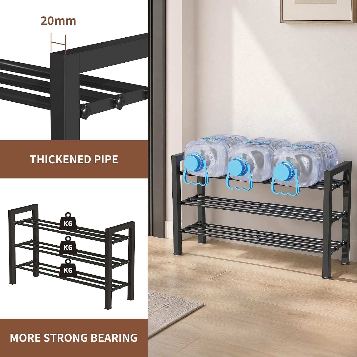 Upgraded 3-Tier Expandable Shoe Rack, Adjustable Shoe Shelf Storage Organizer Heavy Duty Metal Free Standing Shoe Rack For Entryway Closet Doorway (Black)