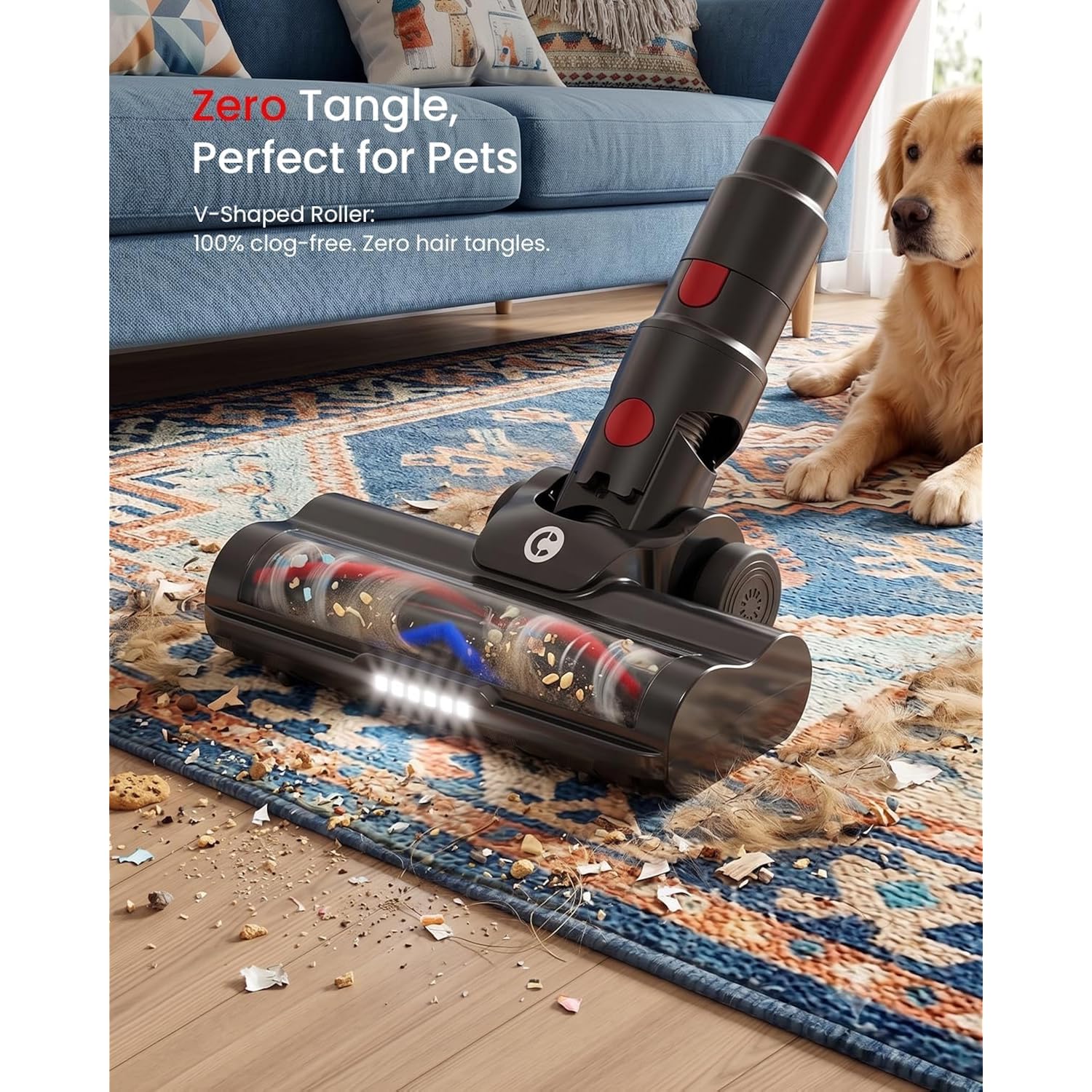 Chebio Lightweight Cordless Vacuum Cleaners For Home, Stick Vacuum Cordless Rechargeable With 45Kpa Suction,45-Min Run,Anti-Tangle And Self-Stand, 6 In 1 Hardwood Vacuum Cleaner (Red)