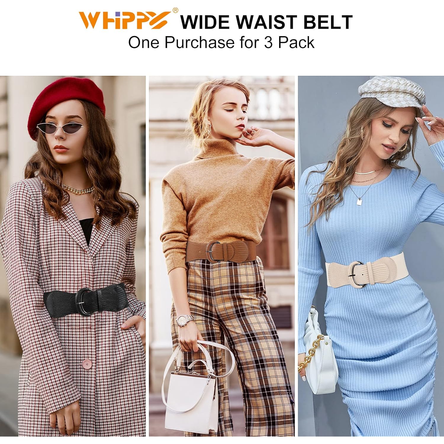 WHIPPY 3 Pack 4 Pack Women Wide Elastic Waist Belt Vintage Stretchy Belt Waistband for Ladies Dresses