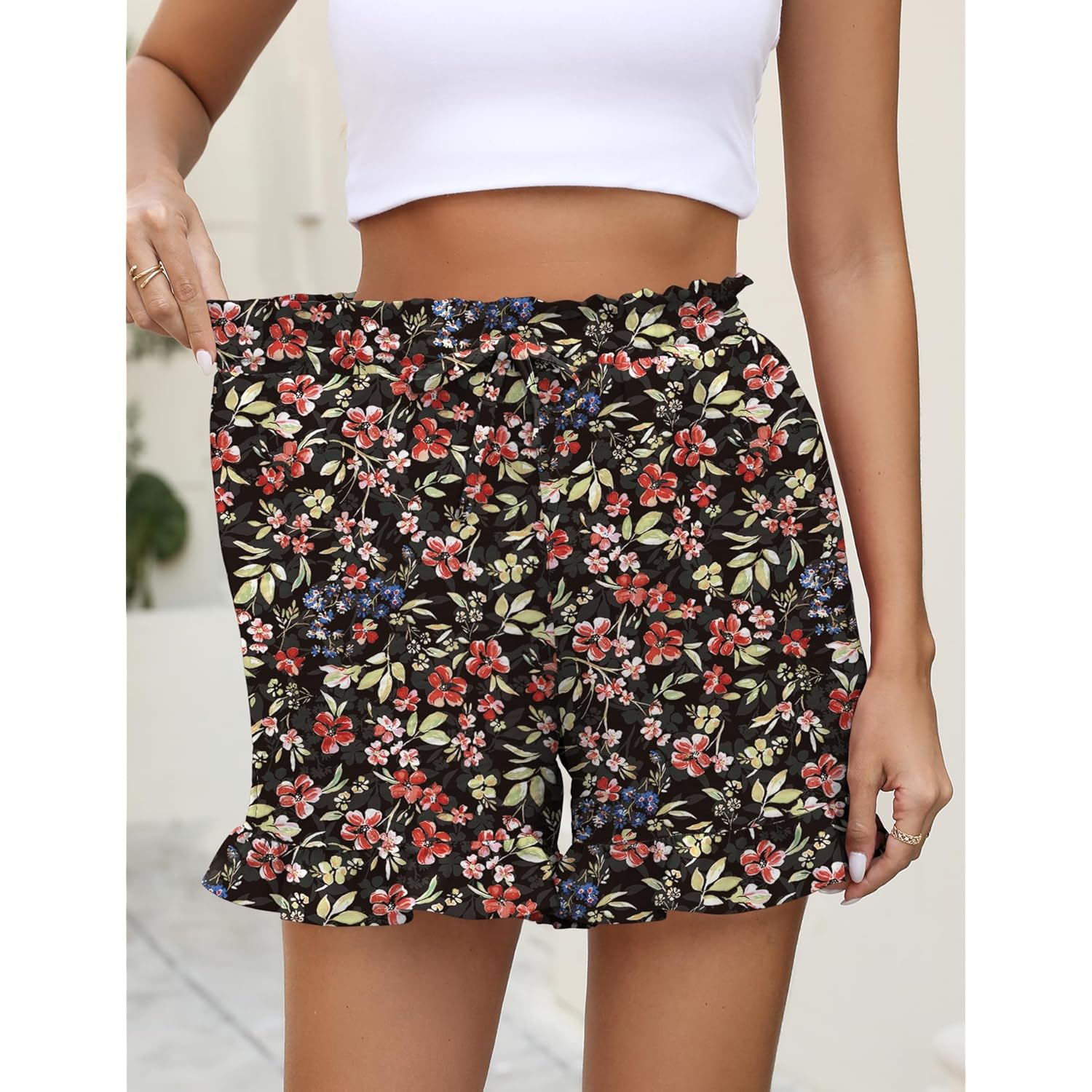 Women's Shorts 2026 Summer Casual Cute Ruffle Shorts Comfy Elastic Waist Drawstring Pleated Short with Pockets