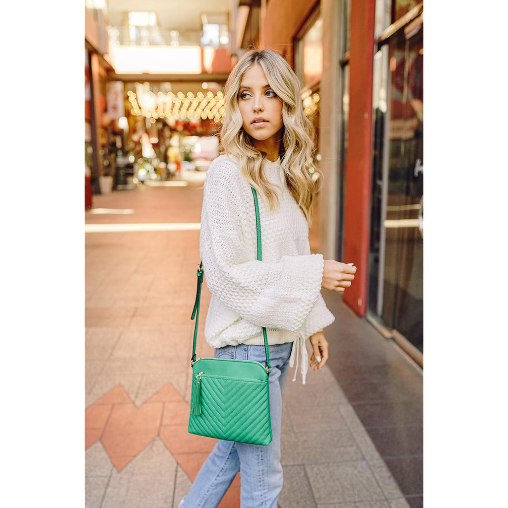 FashionPuzzle Chevron Quilted Medium Crossbody Bag with Tassel Accent